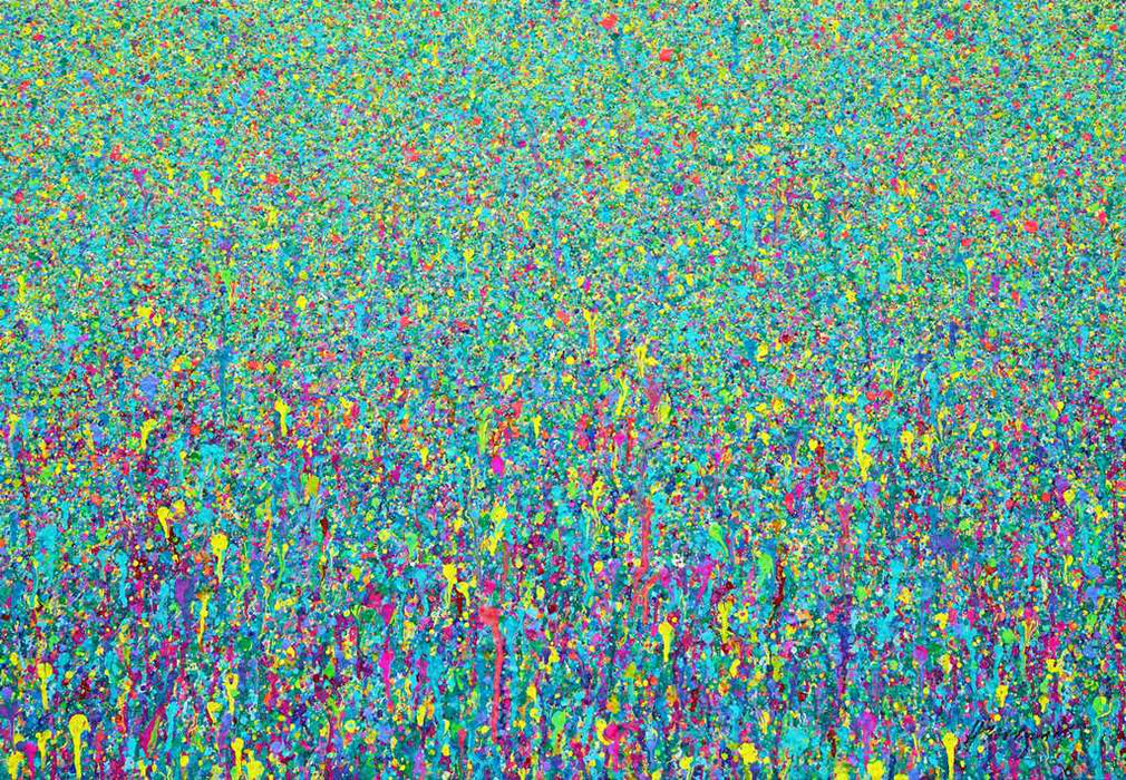 Abstrakte moderne Kunst in Blau mit pink-gelben Farbakzenten von Mark Hellbusch – Claim 141, 70x100 cm, 2025