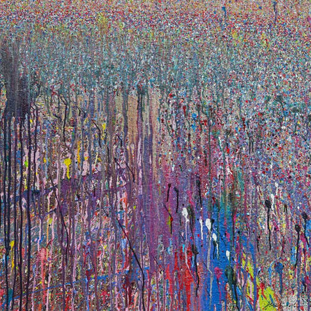 Abstraktes Acrylgemälde auf Leinwand (80x80 cm) mit vertikalen Drippings in Lila, Türkis, Rot, Blau und Schwarz. Dynamisches Farbspiel mit durchscheinenden Schichten. Einzelstück aus der Serie „Organic Grounds“, heute in Privatbesitz.