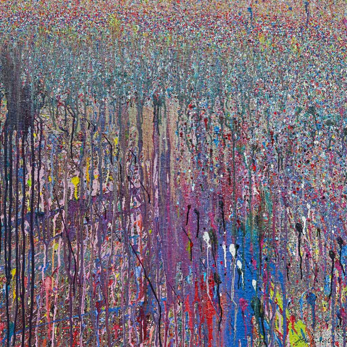 Abstraktes Acrylgemälde auf Leinwand (80x80 cm) mit vertikalen Drippings in Lila, Türkis, Rot, Blau und Schwarz. Dynamisches Farbspiel mit durchscheinenden Schichten. Einzelstück aus der Serie „Organic Grounds“, heute in Privatbesitz.