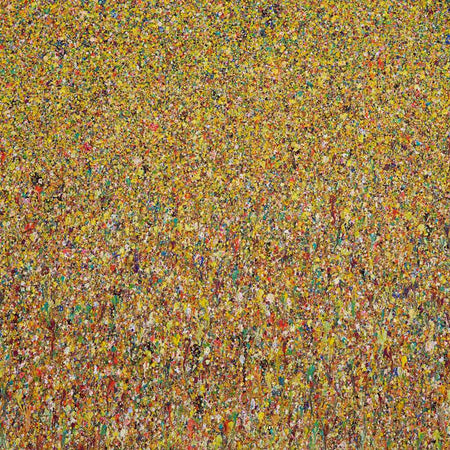 Abstraktes Acrylgemälde (70 × 100 cm) mit gelb dominierender Fläche aus feinen, dichten Farbklecksen. Florale Struktur, mosaikartig, leuchtend und warm. Einzelstück aus der Serie „Organic Grounds“, 2019, in Privatbesitz.