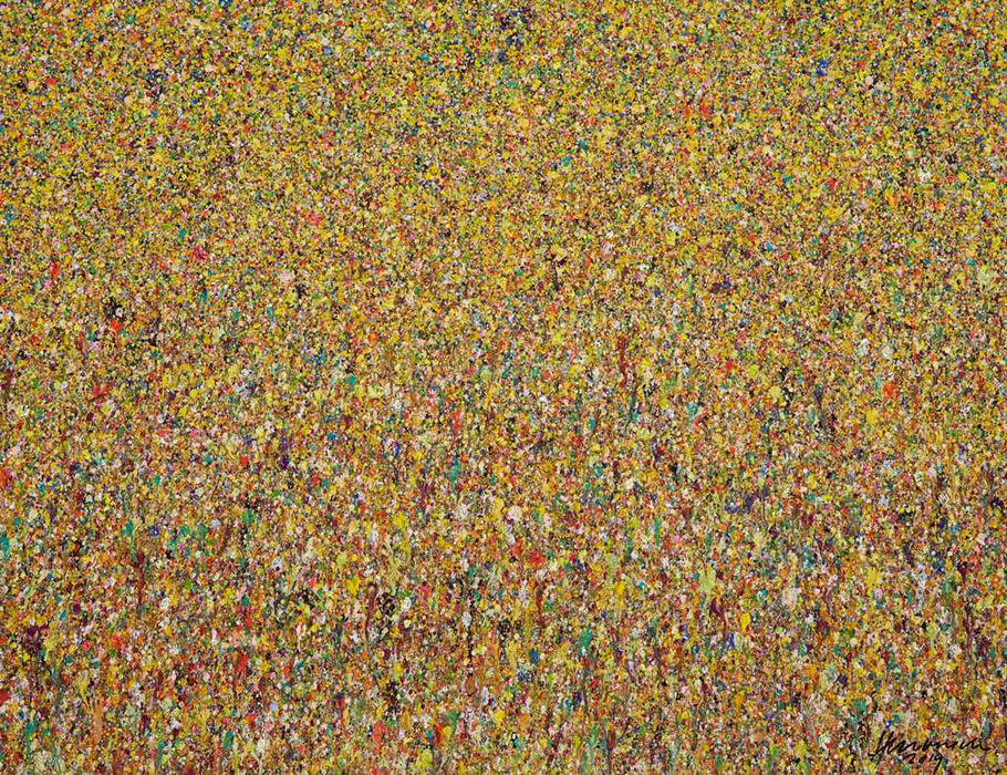 Abstraktes Acrylgemälde (70 × 100 cm) mit gelb dominierender Fläche aus feinen, dichten Farbklecksen. Florale Struktur, mosaikartig, leuchtend und warm. Einzelstück aus der Serie „Organic Grounds“, 2019, in Privatbesitz.