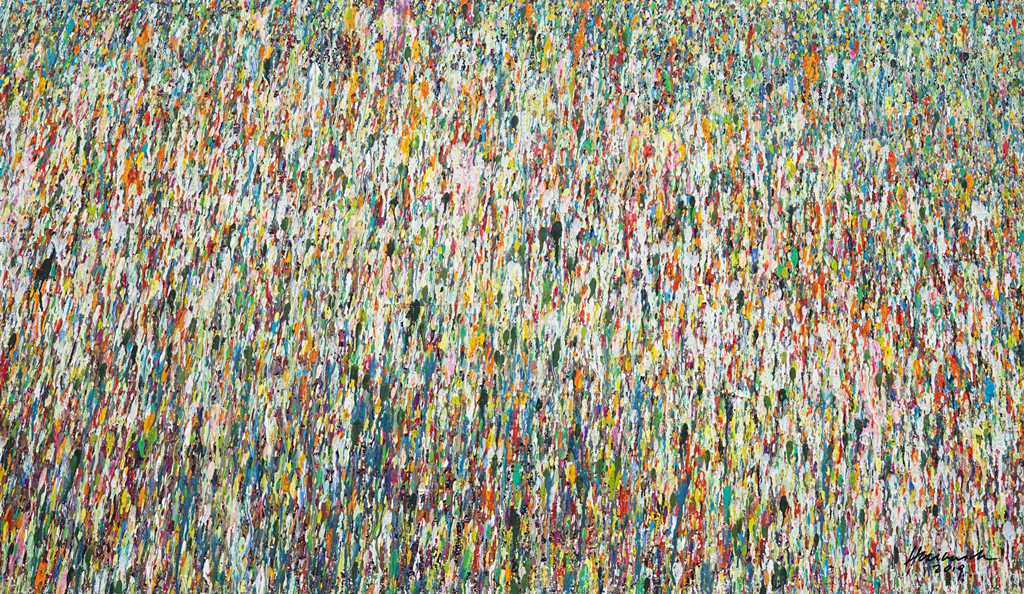 Abstraktes Acrylgemälde (70 × 120 cm) mit diagonaler Farbstruktur in lebendigen Farben. Detailreich, rhythmisch, organisch. Einzelstück von 2019, Teil der Serie „Organic Grounds“, in Privatbesitz.