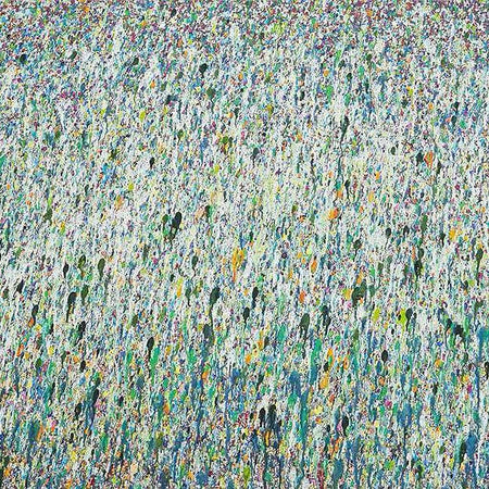 Abstraktes Acrylgemälde „Claim 19“ (70 × 100 cm, 2019) mit weißdominierter, lichtdurchfluteter Farbfläche und vertikal fließenden Farbschichten in Türkis, Grün und Pastell – Atelier Hellbusch.