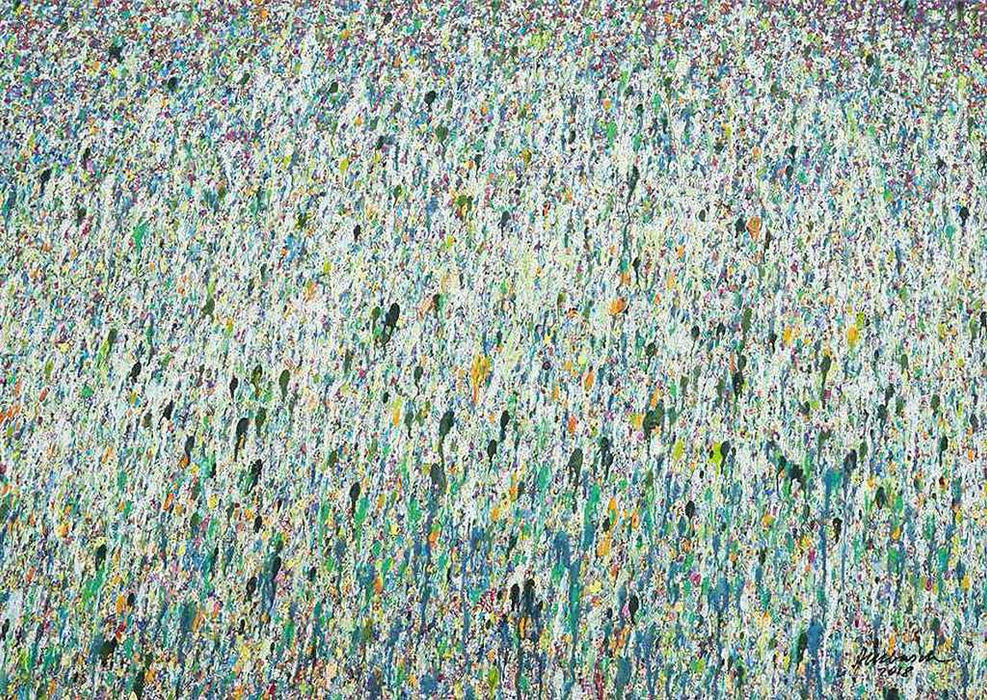 Abstraktes Acrylgemälde „Claim 19“ (70 × 100 cm, 2019) mit weißdominierter, lichtdurchfluteter Farbfläche und vertikal fließenden Farbschichten in Türkis, Grün und Pastell – Atelier Hellbusch.