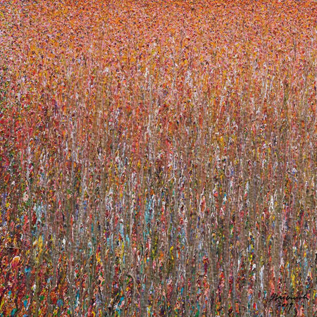 Quadratisches Acrylgemälde (50 × 50 cm) in intensiven Rottönen mit goldenen Akzenten und rhythmisch vertikaler Struktur. Dichtes, expressives Farbspiel auf Leinwand.