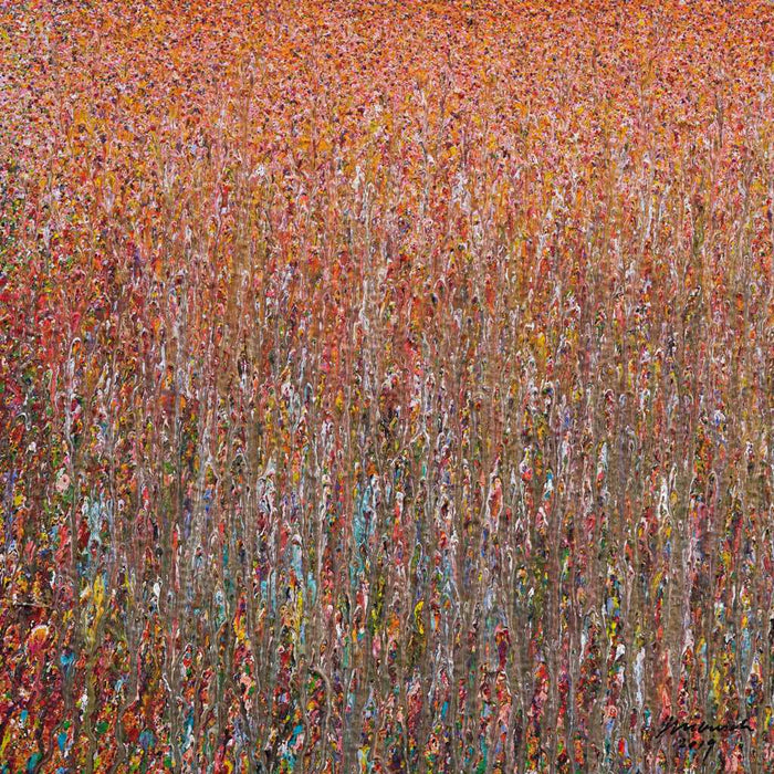 Quadratisches Acrylgemälde (50 × 50 cm) in intensiven Rottönen mit goldenen Akzenten und rhythmisch vertikaler Struktur. Dichtes, expressives Farbspiel auf Leinwand.