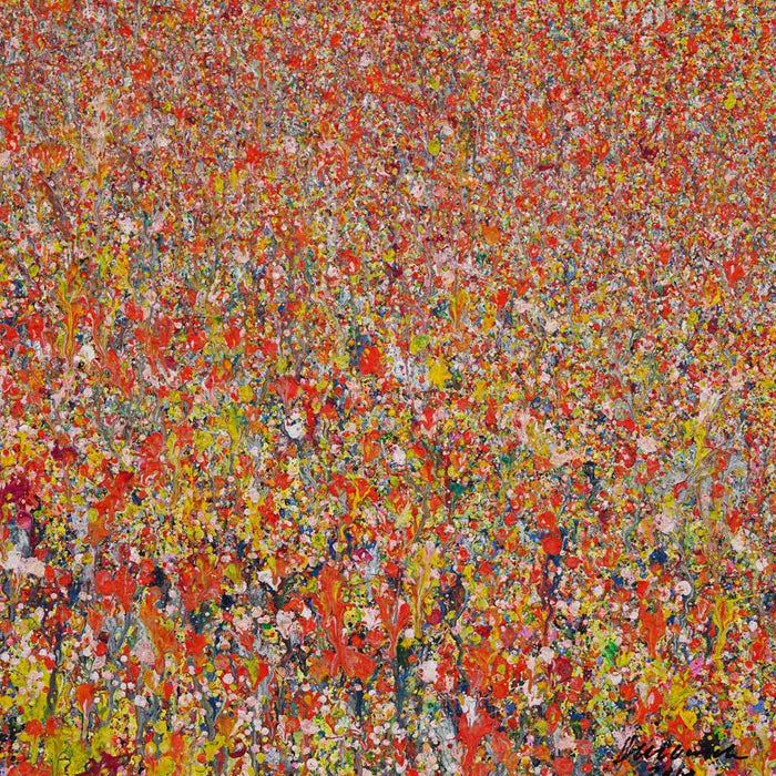 Abstraktes Acrylgemälde „Claim 27“ aus dem Jahr 2019 im Format 50x70 cm. Intensive Rot- und Gelbtöne mit punktuellen und fließenden Elementen. Die Farbdichte erinnert an blühende Landschaften oder dichte Felder in sommerlicher Hitze. Das Werk befindet sich in Privatbesitz.