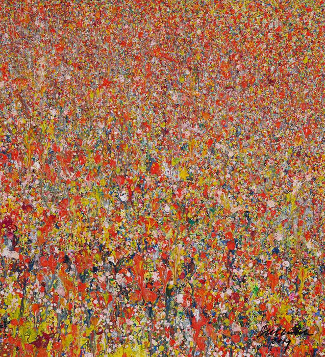 Abstraktes Acrylgemälde „Claim 27“ aus dem Jahr 2019 im Format 50x70 cm. Intensive Rot- und Gelbtöne mit punktuellen und fließenden Elementen. Die Farbdichte erinnert an blühende Landschaften oder dichte Felder in sommerlicher Hitze. Das Werk befindet sich in Privatbesitz.