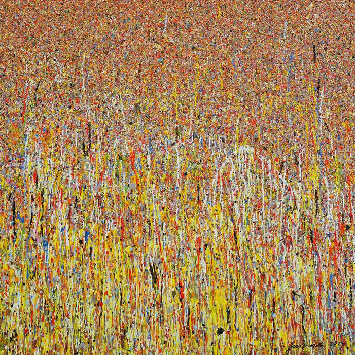 Abstraktes Gemälde "Claim 2", 110x100 cm, 2019 – expressive Farbkomposition in Gelb, Orange und Rot mit vertikalen Strukturen auf Leinwand. Atelier Hellbusch