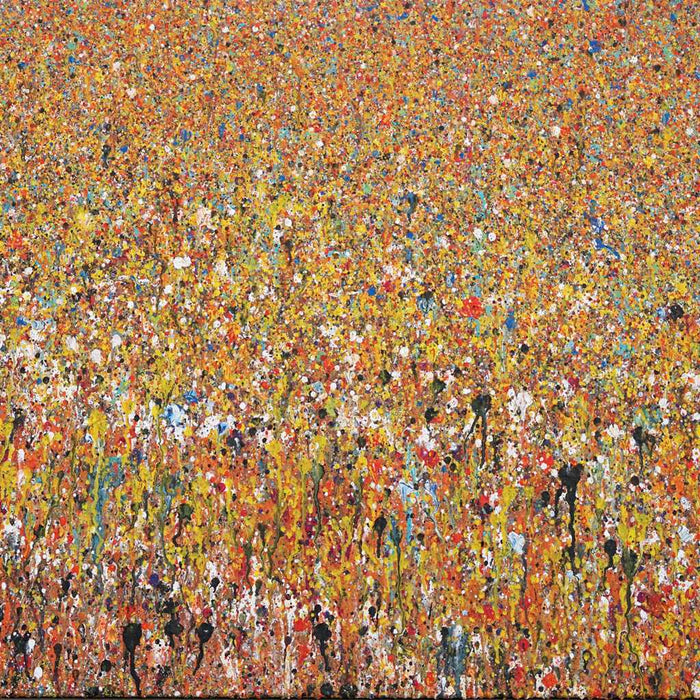 Abstraktes Gemälde „Claim 30“ in Gelb- und Rottönen, 70x100 cm, Acryl auf Leinwand, 2019, expressive Farbkomposition mit floralen Assoziationen.