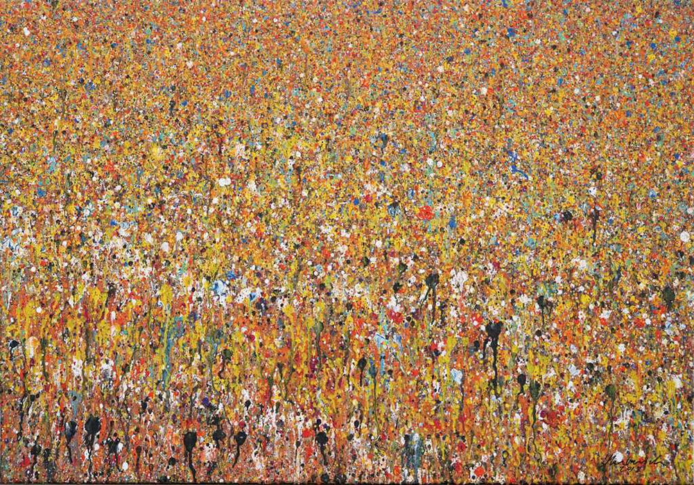 Abstraktes Gemälde „Claim 30“ in Gelb- und Rottönen, 70x100 cm, Acryl auf Leinwand, 2019, expressive Farbkomposition mit floralen Assoziationen.