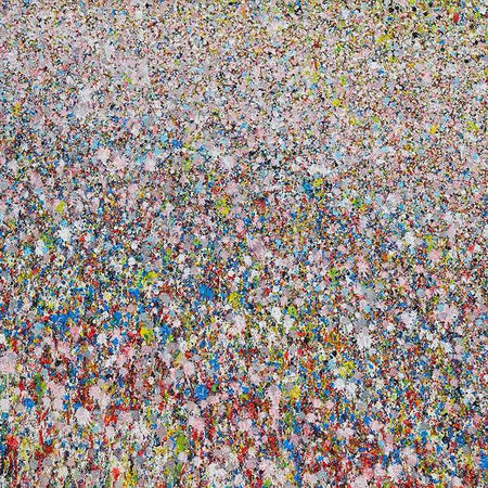 Abstraktes Acrylgemälde „Claim 32“ (70 × 80 cm, 2019) in pastelligen Rosa-, Blau- und Weißtönen, mit dichter, impressionistisch anmutender Struktur – Atelier Hellbusch.