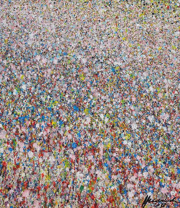 Abstraktes Acrylgemälde „Claim 32“ (70 × 80 cm, 2019) in pastelligen Rosa-, Blau- und Weißtönen, mit dichter, impressionistisch anmutender Struktur – Atelier Hellbusch.