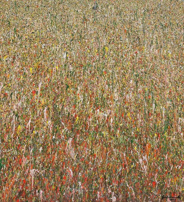 Abstraktes Acrylgemälde „Claim 36“ (110 × 120 cm, 2019) in erdigen Tönen wie Braun, Grün, Rosa und Terrakotta – florale Struktur, ruhig und natürlich – Atelier Hellbusch.