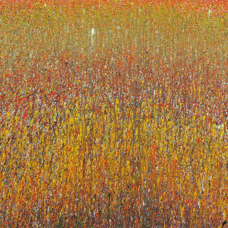 Abstraktes Acrylgemälde „Claim 38“, 100x120 cm, 2019. Vertikale Farbströme in Gold, Gelb, Rot und Orange. Leuchtende Textur mit tiefer, strukturierter Oberfläche.