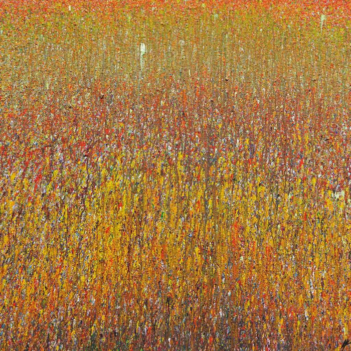 Abstraktes Acrylgemälde „Claim 38“, 100x120 cm, 2019. Vertikale Farbströme in Gold, Gelb, Rot und Orange. Leuchtende Textur mit tiefer, strukturierter Oberfläche.