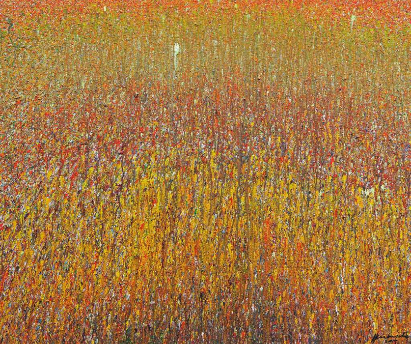 Abstraktes Acrylgemälde „Claim 38“, 100x120 cm, 2019. Vertikale Farbströme in Gold, Gelb, Rot und Orange. Leuchtende Textur mit tiefer, strukturierter Oberfläche.