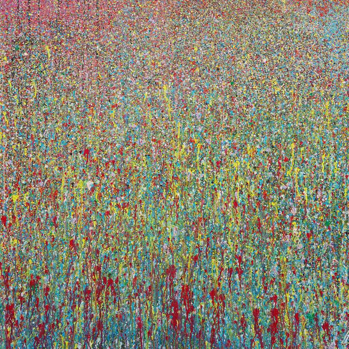 Abstraktes Acrylgemälde „Claim 3“ (120 × 140 cm, 2019) mit vertikalen Farbverläufen in Türkis, Rot, Rosa und Gelb. Dicht, atmosphärisch, strahlend – Atelier Hellbusch.