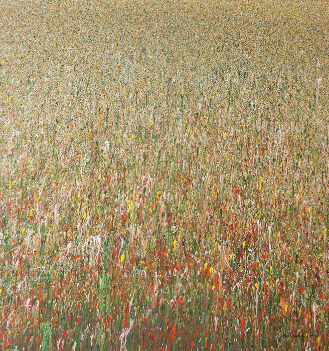 Abstraktes Acrylgemälde mit floral anmutender Struktur in Grün-, Rot- und Gelbtönen. Dichtes Farbfeld mit vertikalen Tropfspuren und organischem Charakter. Teil der Serie „Organic Grounds“, 140 × 150 cm, 2019. Heute in Privatbesitz.