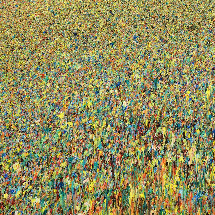 Abstraktes Acrylgemälde „Claim 40“ (100 × 110 cm, 2022) mit intensivem Farbspiel in Gelb, Türkis, Blau und Rot. Organisch, dynamisch, leuchtend – Atelier Hellbusch.