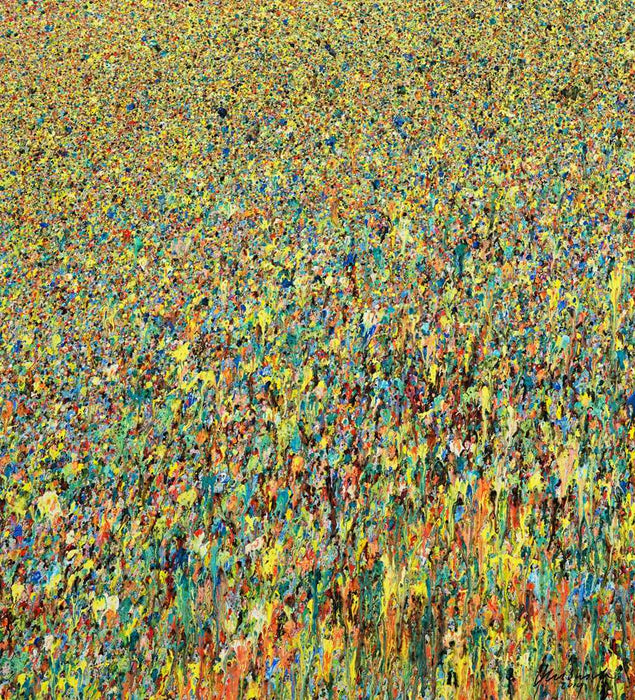 Abstraktes Acrylgemälde „Claim 40“ (100 × 110 cm, 2022) mit intensivem Farbspiel in Gelb, Türkis, Blau und Rot. Organisch, dynamisch, leuchtend – Atelier Hellbusch.