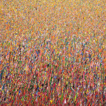 „Claim 41“ (120 × 140 cm, 2022) – abstraktes Acrylgemälde mit intensiven Farben in Pink, Orange, Grün, Gelb und Blau. Lebendig, dicht und energetisch. Atelier Hellbusch.