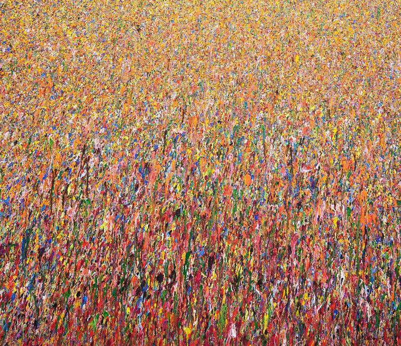 „Claim 41“ (120 × 140 cm, 2022) – abstraktes Acrylgemälde mit intensiven Farben in Pink, Orange, Grün, Gelb und Blau. Lebendig, dicht und energetisch. Atelier Hellbusch.