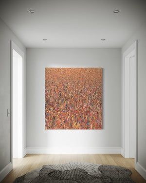 Farbenfrohes abstraktes Gemälde von Mark Hellbusch mit dem Titel 'Claim 42' (130x120 cm), zeigt dichte, lebendige Farbspritzer in Rot, Gelb, Blau und Grün, die an ein blühendes Feld erinnern. Die dynamische Komposition und die reichen Texturen schaffen ein Gefühl von Tiefe und Bewegung, charakteristisch für die Serie 'Organic Grounds' (in Situ). ARTLET - Atelier Hellbusch