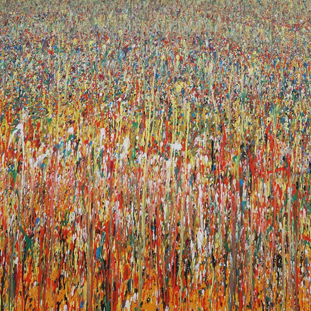 Abstraktes Acrylgemälde „Claim 46“ (100 × 150 cm, 2022) mit dynamischen Farben in Orange, Rot, Gelb und Türkis. Ausdrucksstarkes Feld aus vertikalen Bewegungen – Atelier Hellbusch.