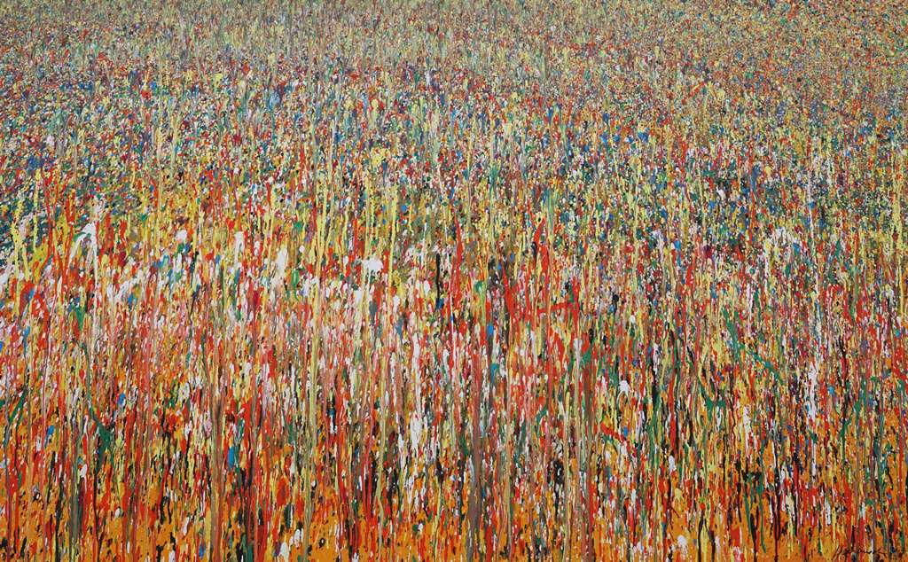 Abstraktes Acrylgemälde „Claim 46“ (100 × 150 cm, 2022) mit dynamischen Farben in Orange, Rot, Gelb und Türkis. Ausdrucksstarkes Feld aus vertikalen Bewegungen – Atelier Hellbusch.