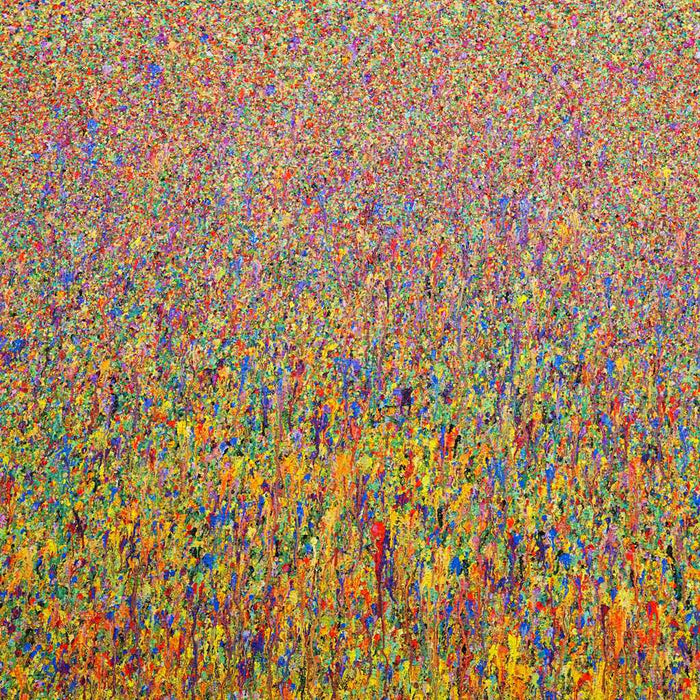 Abstraktes Acrylgemälde „Claim 47“ (120 × 130 cm, 2022) mit floralen, leuchtenden Farben in Gelb, Lila, Pink, Orange und Blau. Vielschichtig, sommerlich, bewegt – Atelier Hellbusch.