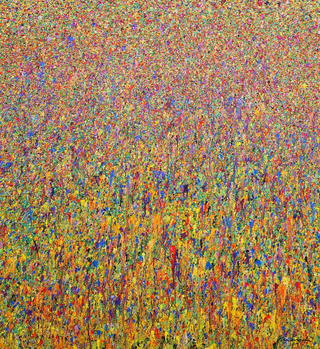 Abstraktes Acrylgemälde „Claim 47“ (120 × 130 cm, 2022) mit floralen, leuchtenden Farben in Gelb, Lila, Pink, Orange und Blau. Vielschichtig, sommerlich, bewegt – Atelier Hellbusch.