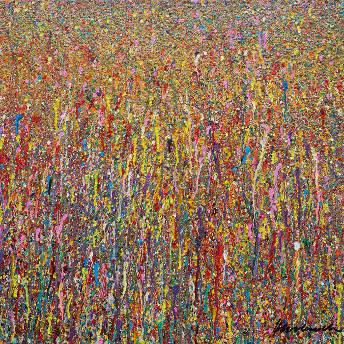 Abstraktes Acrylgemälde in leuchtenden Farben auf 50x50 cm Leinwand, mit dicht getupften Punkten, fließenden Farblinien und komplexer Struktur. Teil der Serie „Organic Grounds“. Expressive, organisch wirkende Komposition in Rot, Gelb, Violett, Pink und Blau.