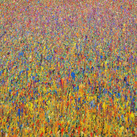Abstraktes Acrylgemälde „Claim 52“ (110 × 150 cm, 2022) mit floralen Farbverläufen in Gelb, Orange, Blau, Violett und Rot. Vielschichtig, organisch, leuchtend – Atelier Hellbusch.
