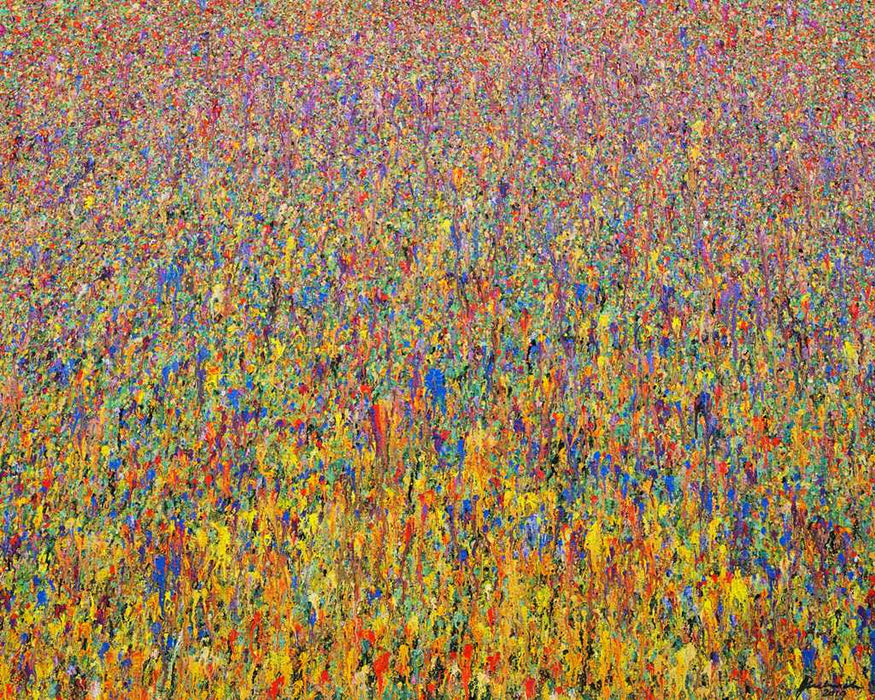 Abstraktes Acrylgemälde „Claim 52“ (110 × 150 cm, 2022) mit floralen Farbverläufen in Gelb, Orange, Blau, Violett und Rot. Vielschichtig, organisch, leuchtend – Atelier Hellbusch.