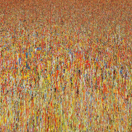 Abstraktes Acrylgemälde „Claim 53“ (100 × 140 cm, 2022) mit kraftvollen Verläufen in Gelb, Rot, Orange und Akzenten in Blau. Ausdrucksstark und atmosphärisch – Atelier Hellbusch.