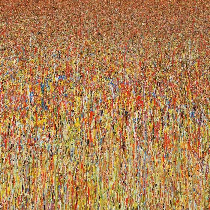 Abstraktes Acrylgemälde „Claim 53“ (100 × 140 cm, 2022) mit kraftvollen Verläufen in Gelb, Rot, Orange und Akzenten in Blau. Ausdrucksstark und atmosphärisch – Atelier Hellbusch.