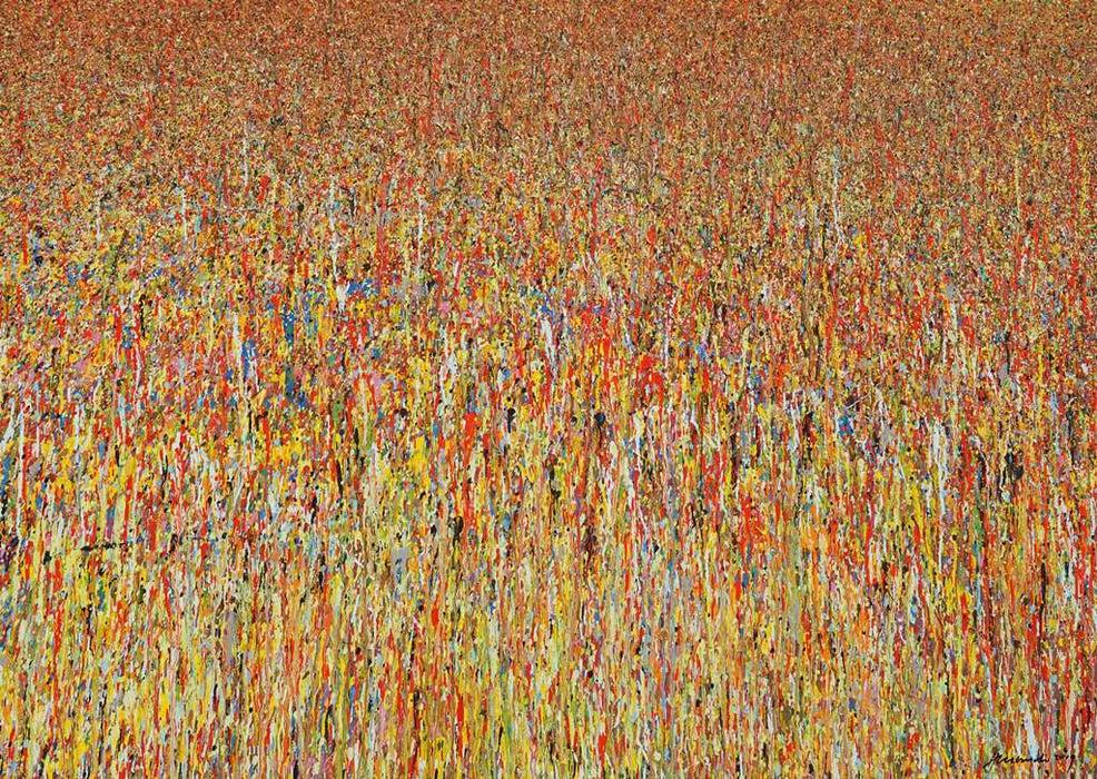 Abstraktes Acrylgemälde „Claim 53“ (100 × 140 cm, 2022) mit kraftvollen Verläufen in Gelb, Rot, Orange und Akzenten in Blau. Ausdrucksstark und atmosphärisch – Atelier Hellbusch.