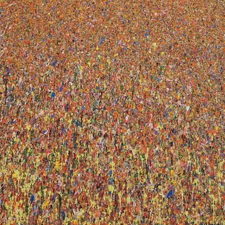 Großformatiges abstraktes Acrylgemälde „Claim 54“ (130 × 120 cm, 2022) in warmen Rottönen, Orange, Gelb und vereinzelten Blautönen – dichter Farbauftrag, vegetative Textur, expressiv und leuchtend – Atelier Hellbusch.