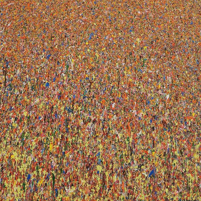 Großformatiges abstraktes Acrylgemälde „Claim 54“ (130 × 120 cm, 2022) in warmen Rottönen, Orange, Gelb und vereinzelten Blautönen – dichter Farbauftrag, vegetative Textur, expressiv und leuchtend – Atelier Hellbusch.