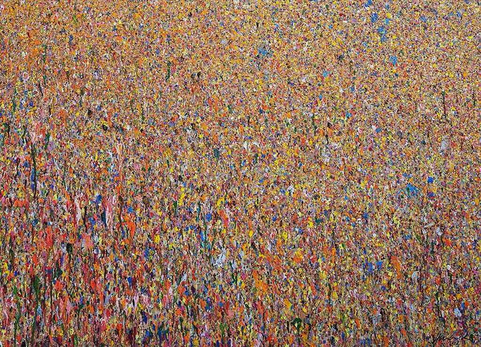 Großformatiges abstraktes Gemälde „Claim 55“ (100 × 140 cm, 2022) mit expressivem Farbauftrag in Rot, Orange, Gelb, Rosa und Blau. Vielschichtig, verdichtet, leuchtend – Acryl auf Leinwand von Atelier Hellbusch.