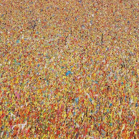 Abstraktes Gemälde mit dichtem Farbspiel in Gelb, Orange und Blau. Acryl auf Leinwand, 60x70 cm, von 2021, Titel: Claim 56. Atelier Hellbusch.