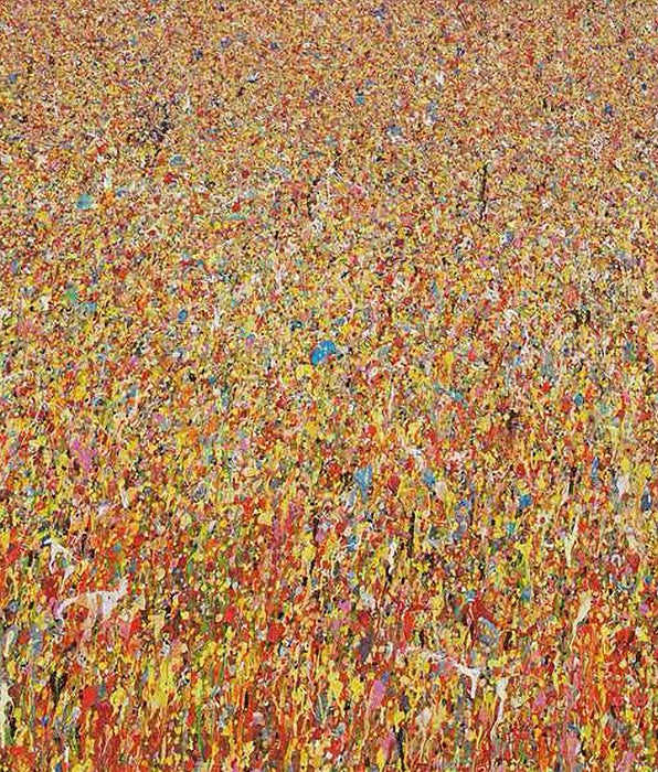 Abstraktes Gemälde mit dichtem Farbspiel in Gelb, Orange und Blau. Acryl auf Leinwand, 60x70 cm, von 2021, Titel: Claim 56. Atelier Hellbusch.