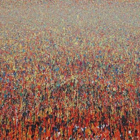 Abstraktes Acrylgemälde „Claim 57“, 100x150 cm, expressive Farbkomposition in Rot, Gelb und Blau, 2021, heute in Privatbesitz. Atelier Hellbusch.