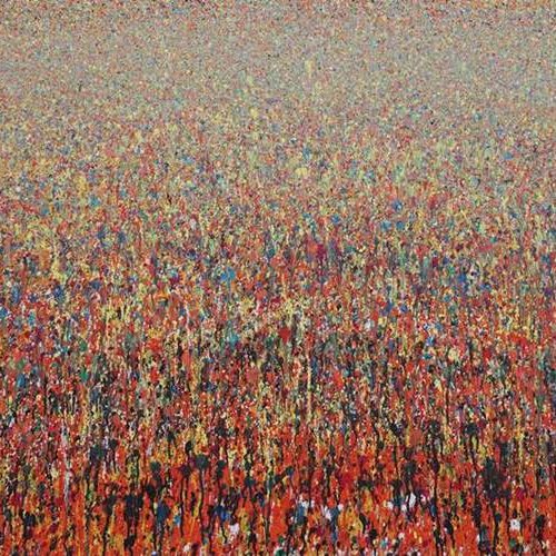 Abstraktes Acrylgemälde „Claim 57“, 100x150 cm, expressive Farbkomposition in Rot, Gelb und Blau, 2021, heute in Privatbesitz. Atelier Hellbusch.