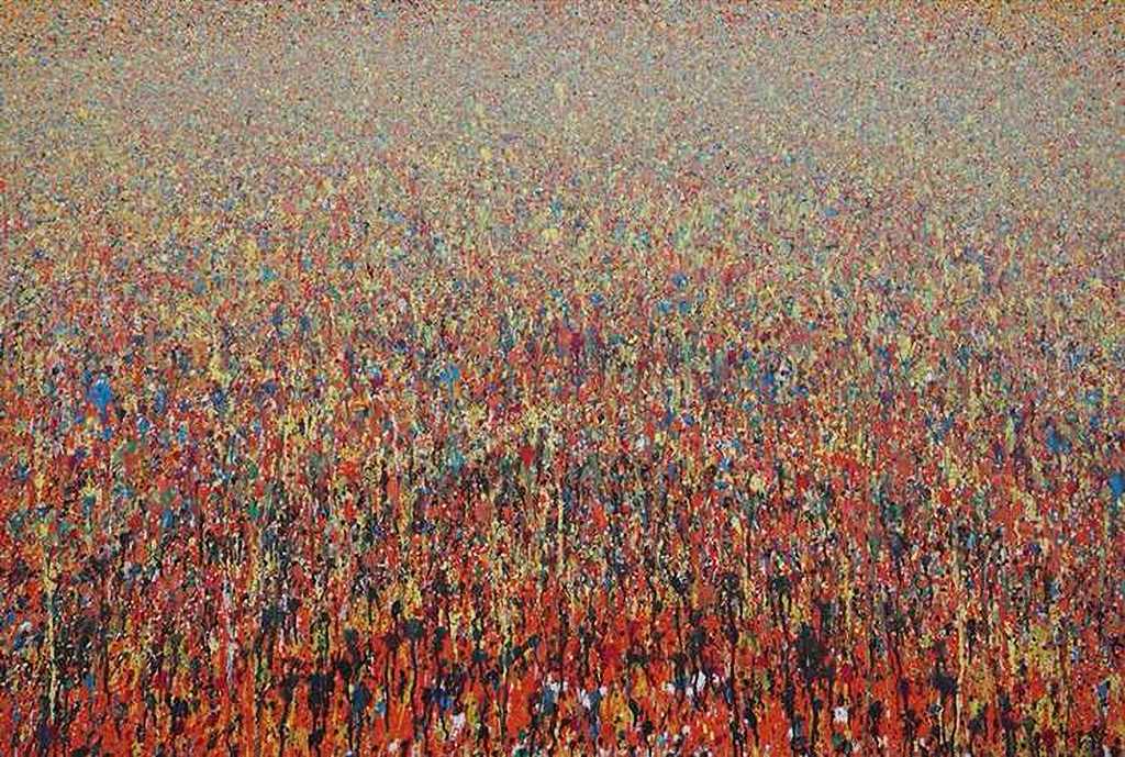 Abstraktes Acrylgemälde „Claim 57“, 100x150 cm, expressive Farbkomposition in Rot, Gelb und Blau, 2021, heute in Privatbesitz. Atelier Hellbusch.