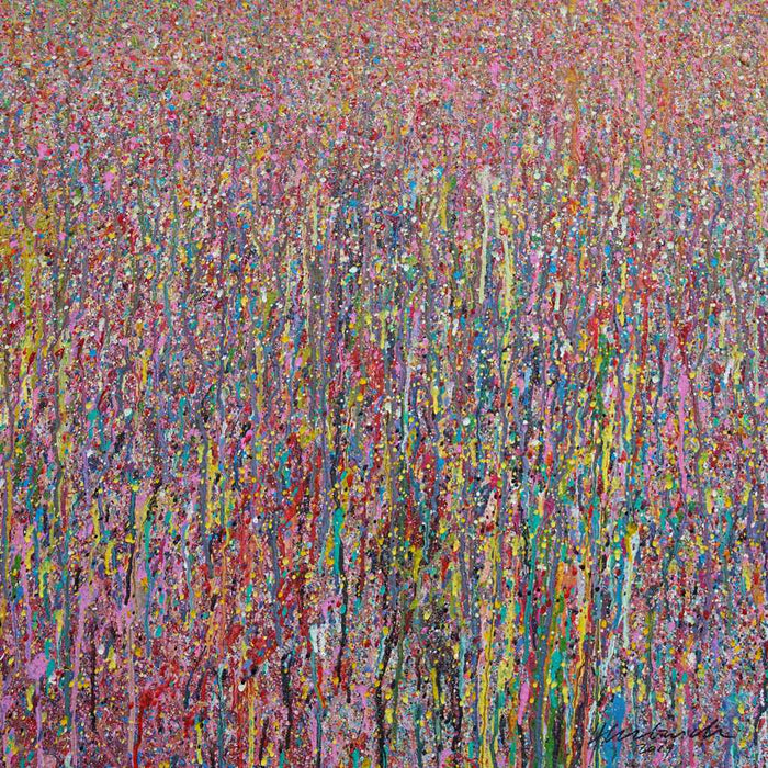 Abstraktes Acrylgemälde „Claim 6“ (60 × 60 cm, 2019) mit leuchtenden vertikalen Farbverläufen in Pink, Türkis, Gelb und Violett. Ausdrucksstark und detailreich – Atelier Hellbusch.