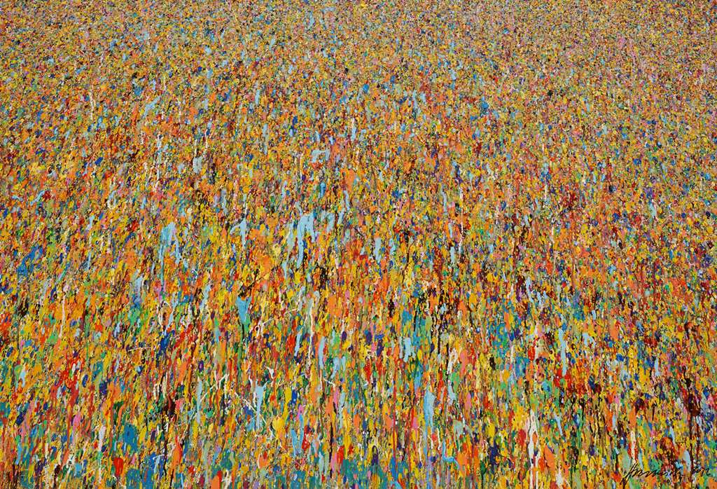 Großformatiges abstraktes Acrylgemälde „Claim 80“ (110 × 150 cm) aus dem Jahr 2019 mit einem vertikalen Farbverlauf in Orange, Gelb, Türkis und Rot. Ausdrucksstark, vielschichtig, lebendig – Atelier Hellbusch.