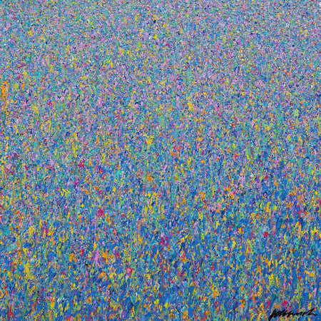 Claim 83 – quadratisches abstraktes Gemälde (80 x 80 cm, 2022) in leuchtenden Blau-, Violett- und Gelbtönen. Heute in Privatbesitz. Atelier Hellbusch.