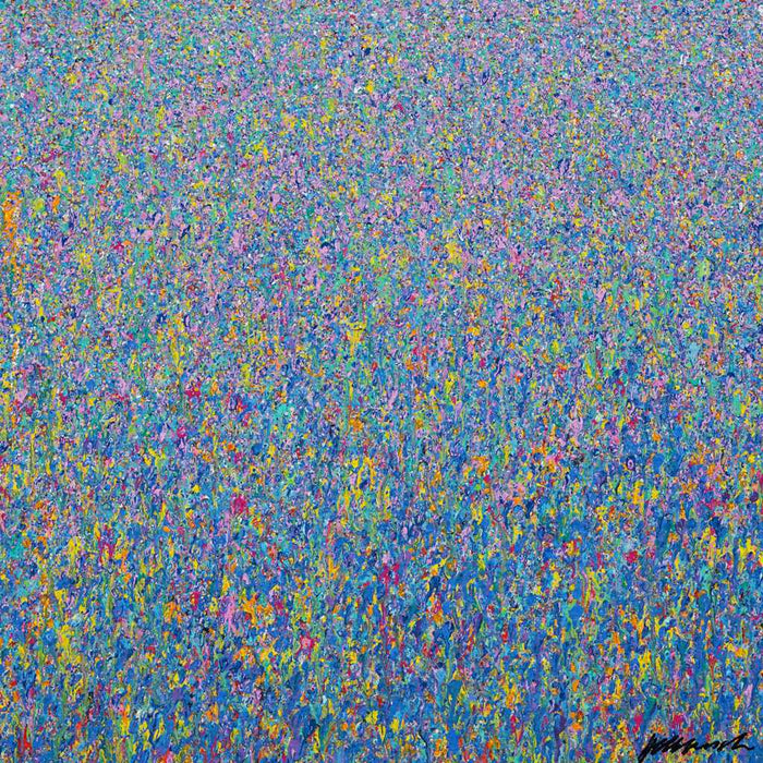 Claim 83 – quadratisches abstraktes Gemälde (80 x 80 cm, 2022) in leuchtenden Blau-, Violett- und Gelbtönen. Heute in Privatbesitz. Atelier Hellbusch.